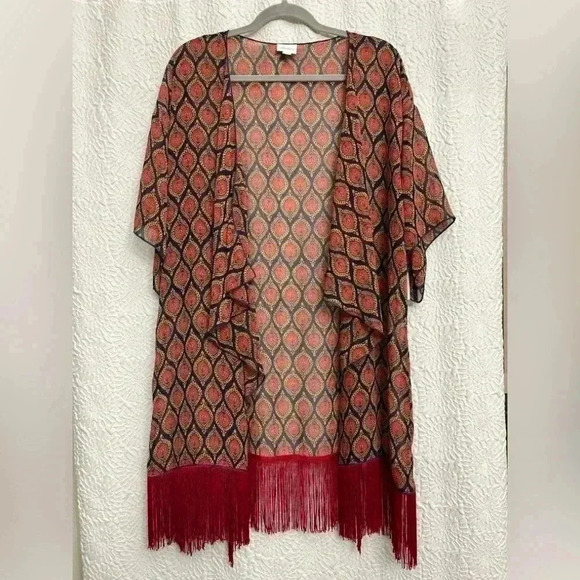 3/$10 Bundle LuLaRoe Monroe Kimono Cover Up Size L Navy Red Pattern Fringe NWT - Picture 1 of 5